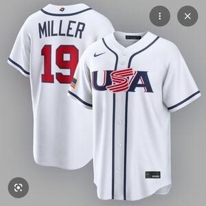 Nike MILLER Official White USA Baseball Jersey with Red and Blue Accents